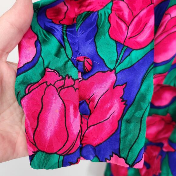 Adrianna Papell Vintage 80s l100% Silk Floral Tulip Button up Blouse Women's 14 - Picture 6 of 10